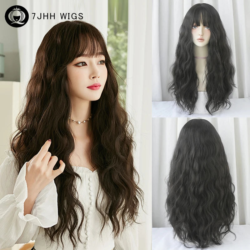 7JHH WIGS Loose Body Wavy Brown Hair Wigs with Neat Bangs High Density Synthetic Fashion Wave Wig for Women Natural Looking