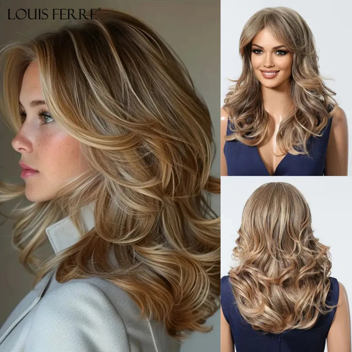 LOUIS FERRE Brown Blonde Highlights Wigs For Women Daily Long Wavy Curly Synthetic Wigs Natural Heat Resistant Hair With Bangs