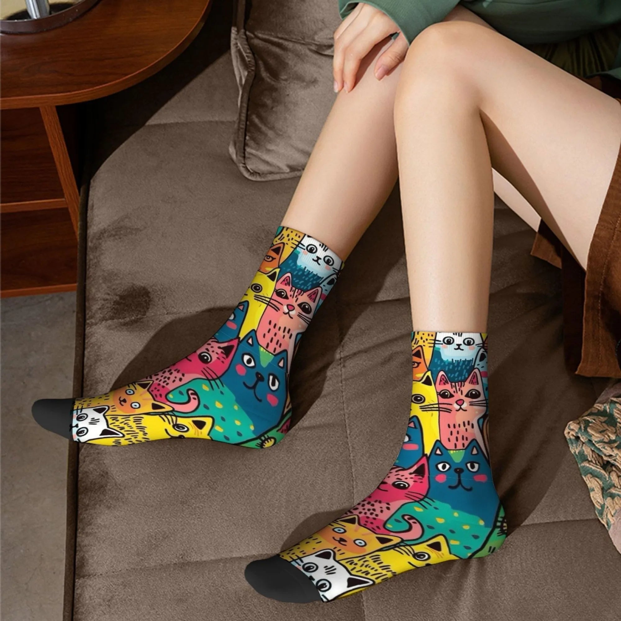 Cute Cartoon Cat Happy Men's Socks Harajuku Style Novelty Funny Hip-Hop Socks Comfortable Breathable Casual Sports Fashion Socks