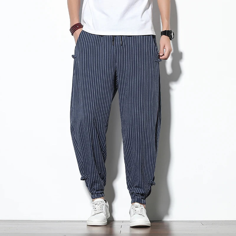 Spring Summer Disc Buckle Striped Harem Pants Mens Breathable Cotton Linen Pencil Pants Buckle Casual Bloomers Fashion Trousers