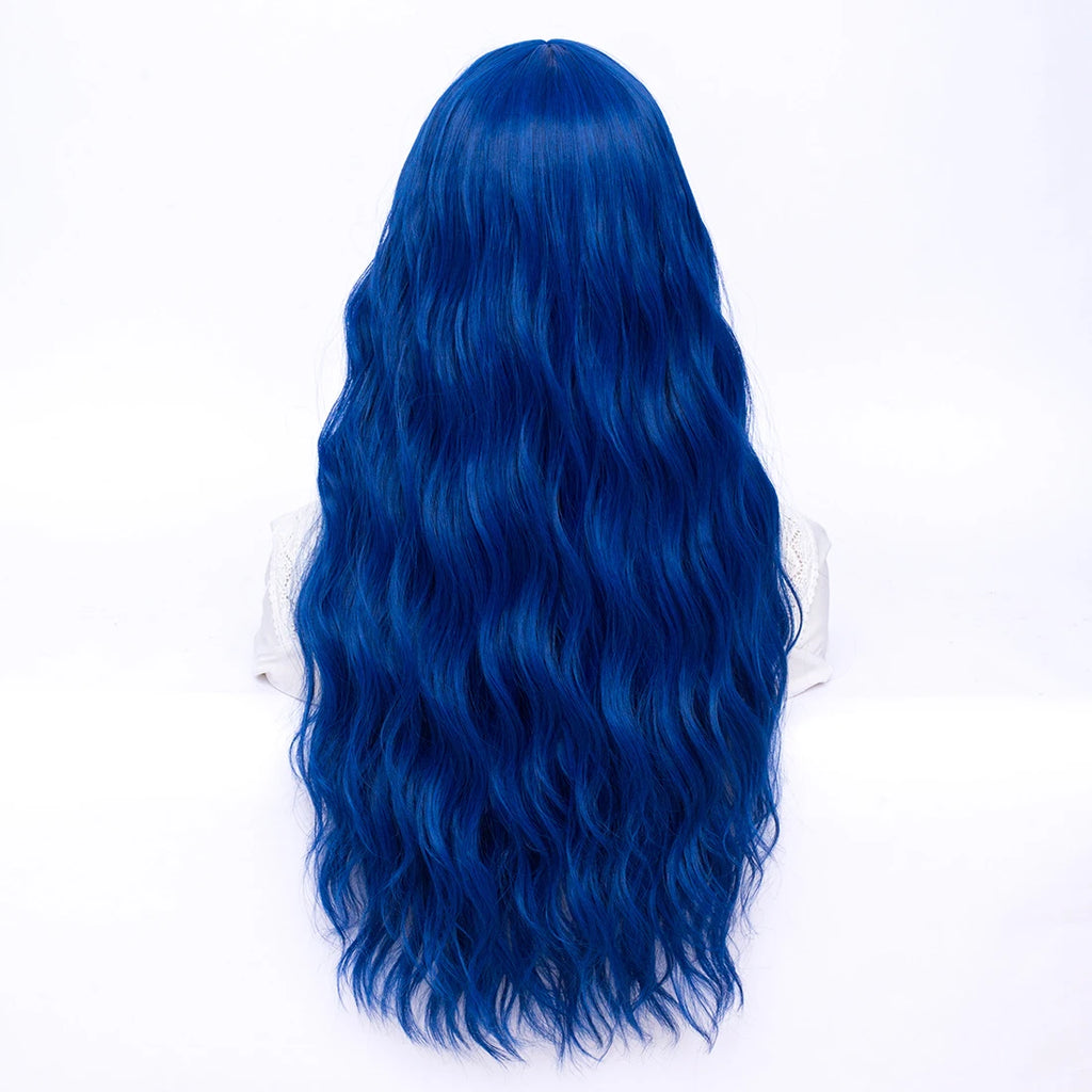 MSIWIGS Women Long Wavy Lolita Blue Wig Synthetic Cosplay with Bangs For Holloween Party Anime Heat Resistant