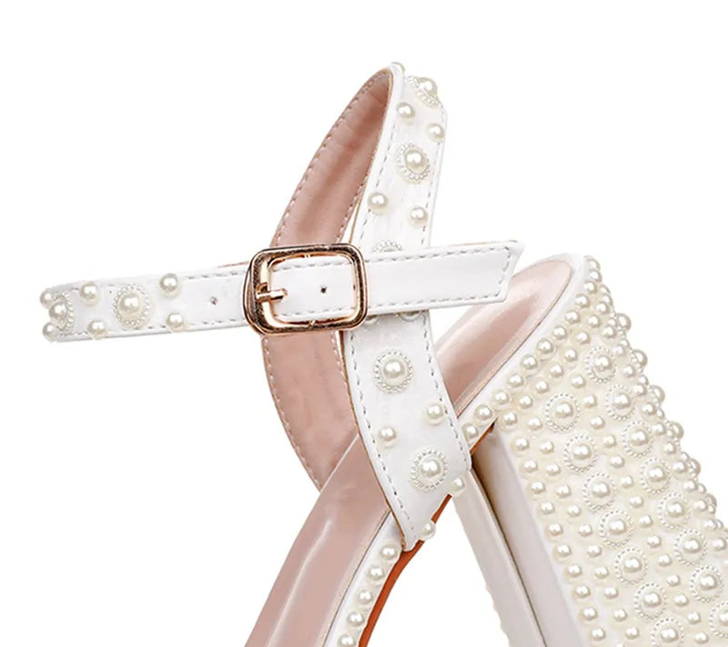 Luxury Handmade Full Pearls Thick Heeled Women Gladiator Sandals Fashion Summer Platform Wedges High heels Chunky Sandals Shoes